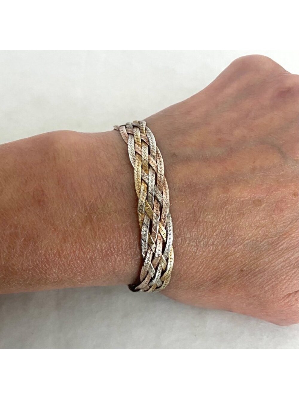 Italian Sterling Silver 925 Tri-Tone Braided 6 Chain Herringbone Bracelet 7"